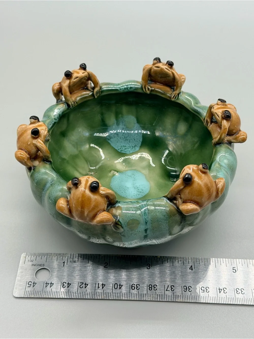VTG Majolica Style Ceramic 6 Frogs Bowl Planter Green Drip Glaze Lily Pad 5